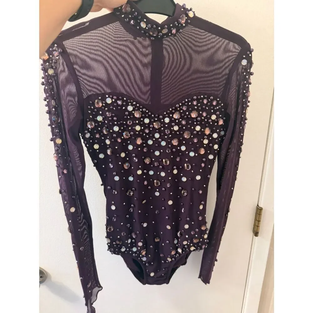 Glamour dance costume purple mesh sequin gem long sleeve leotard XSA adult